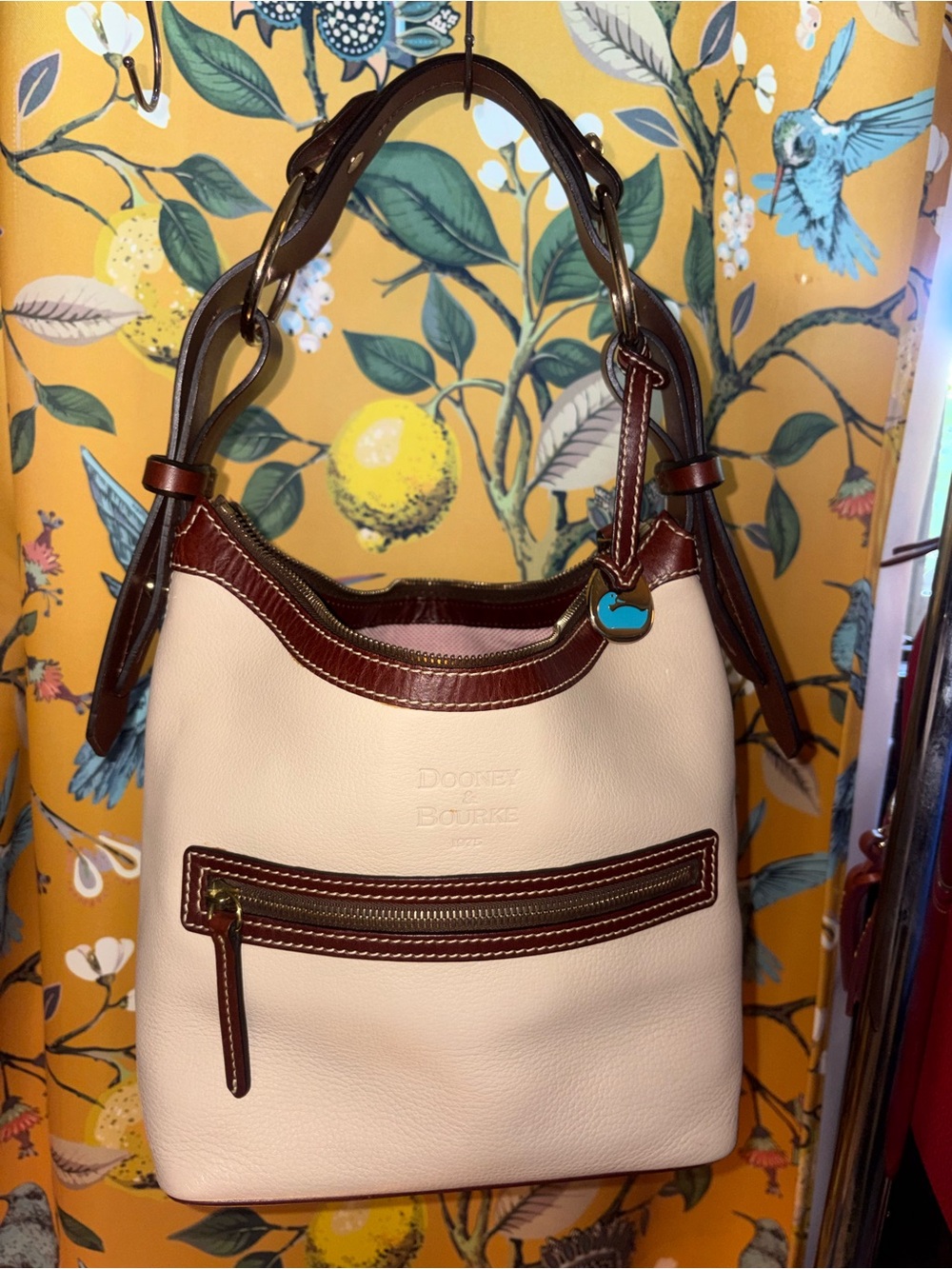 Dooney & Bourke Cream Leather Shoulder Bag with Brown Trim
